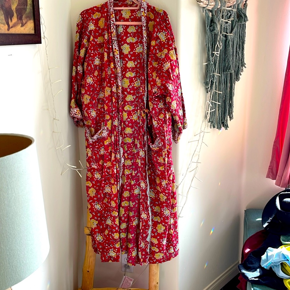 Handmade in India, 100% cotton, red yellow floral, long robe